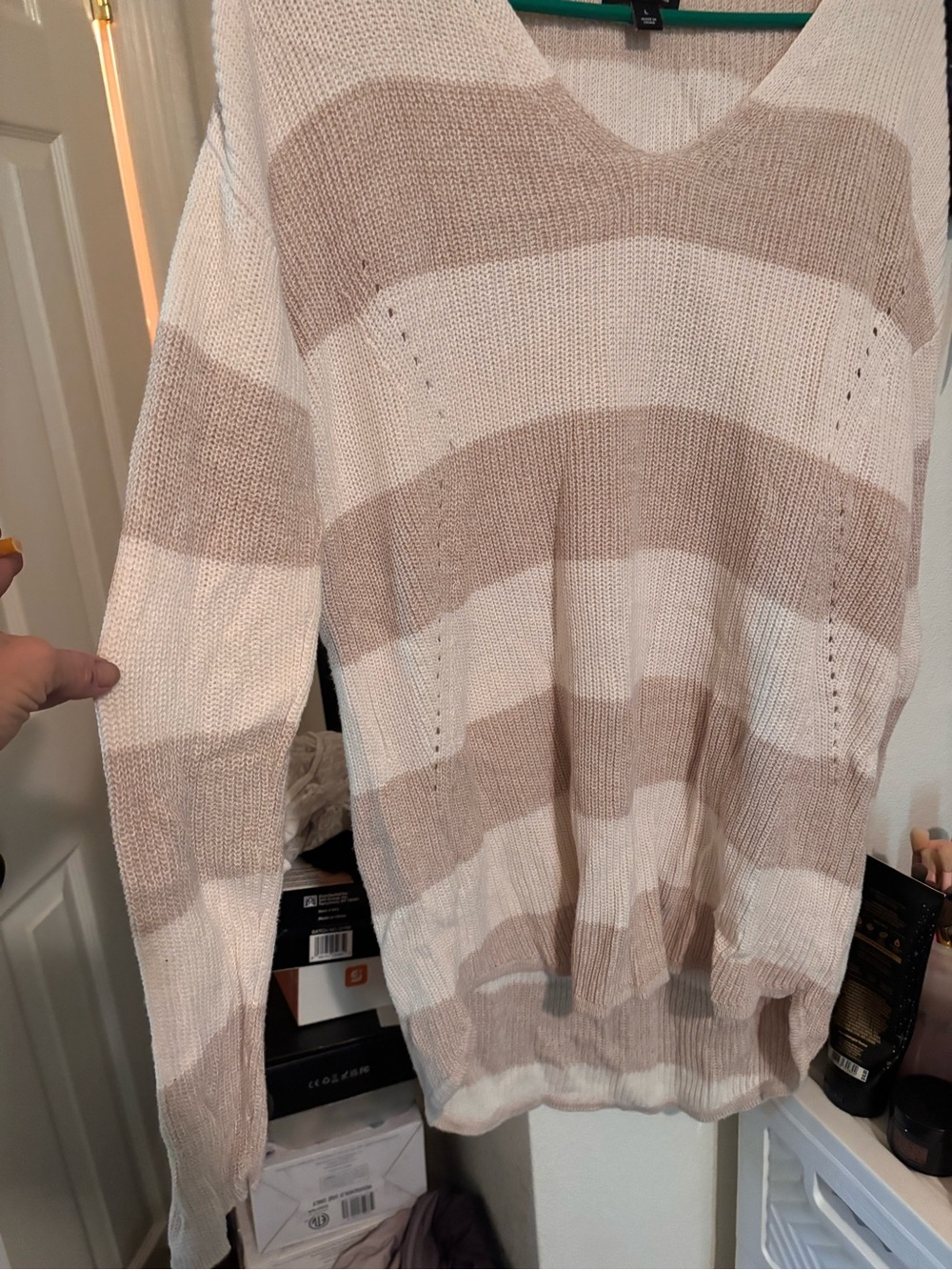 a.n.a Beige & White Striped V-Neck Sweater